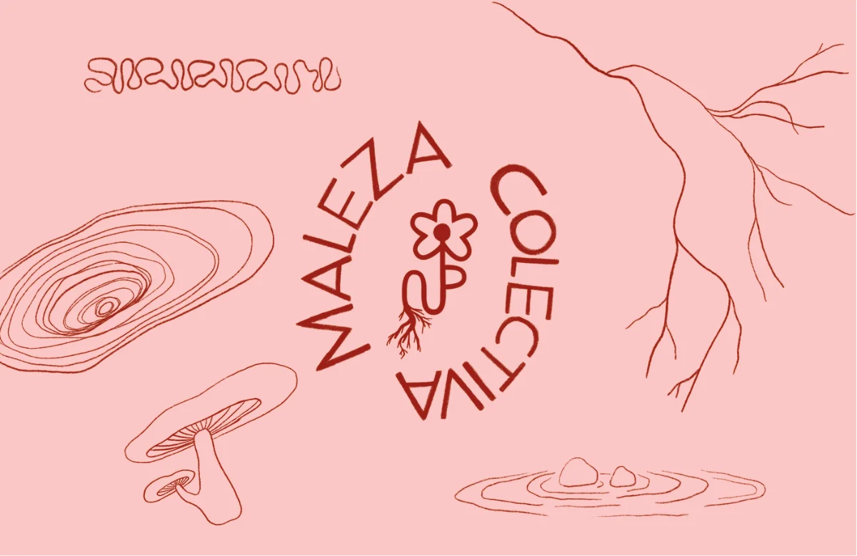 illustration of fungi roots and water with the maleza logo in the center